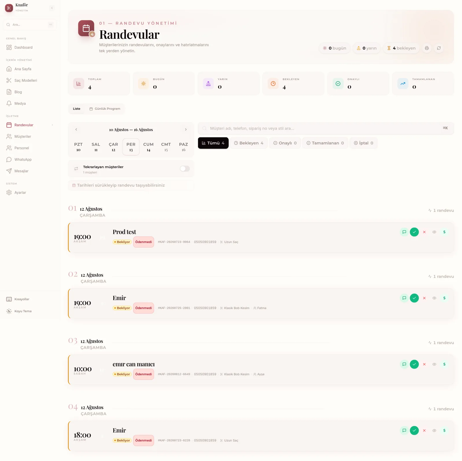 Kuafor admin dashboard — appointment management