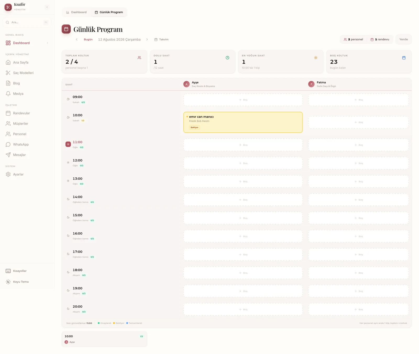 Kuafor admin dashboard — daily staff schedule board