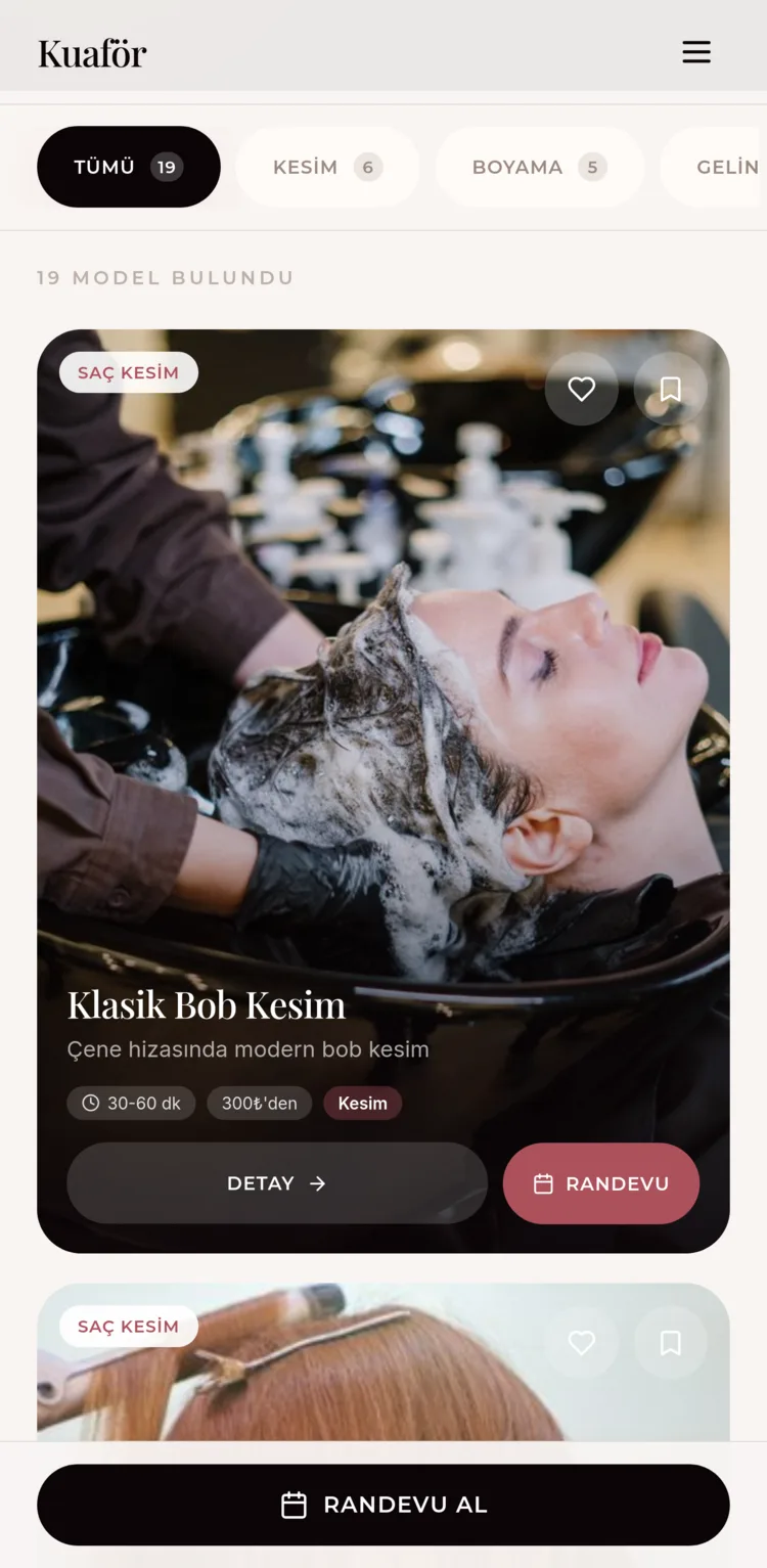 Kuafor — service browsing on the public booking site