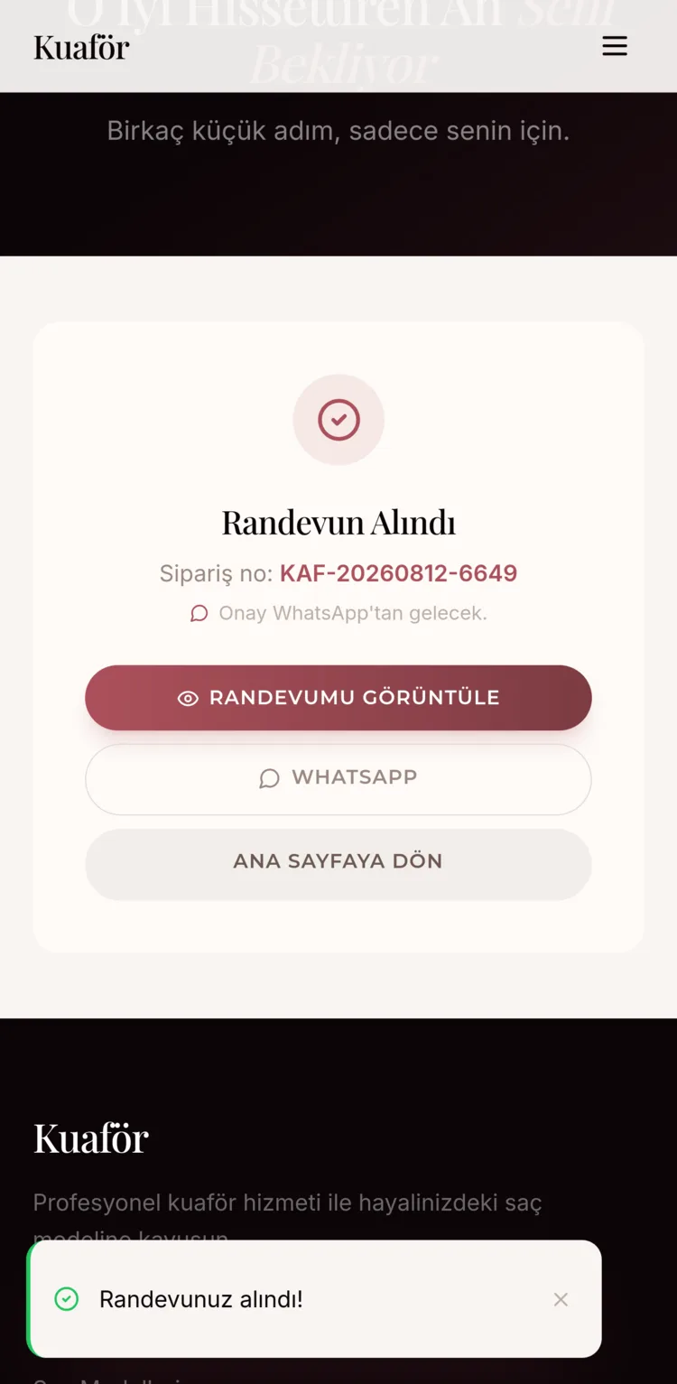 Kuafor — booking confirmation screen