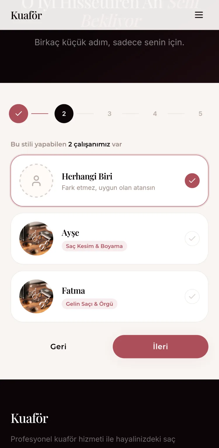 Kuafor booking flow — staff selection step