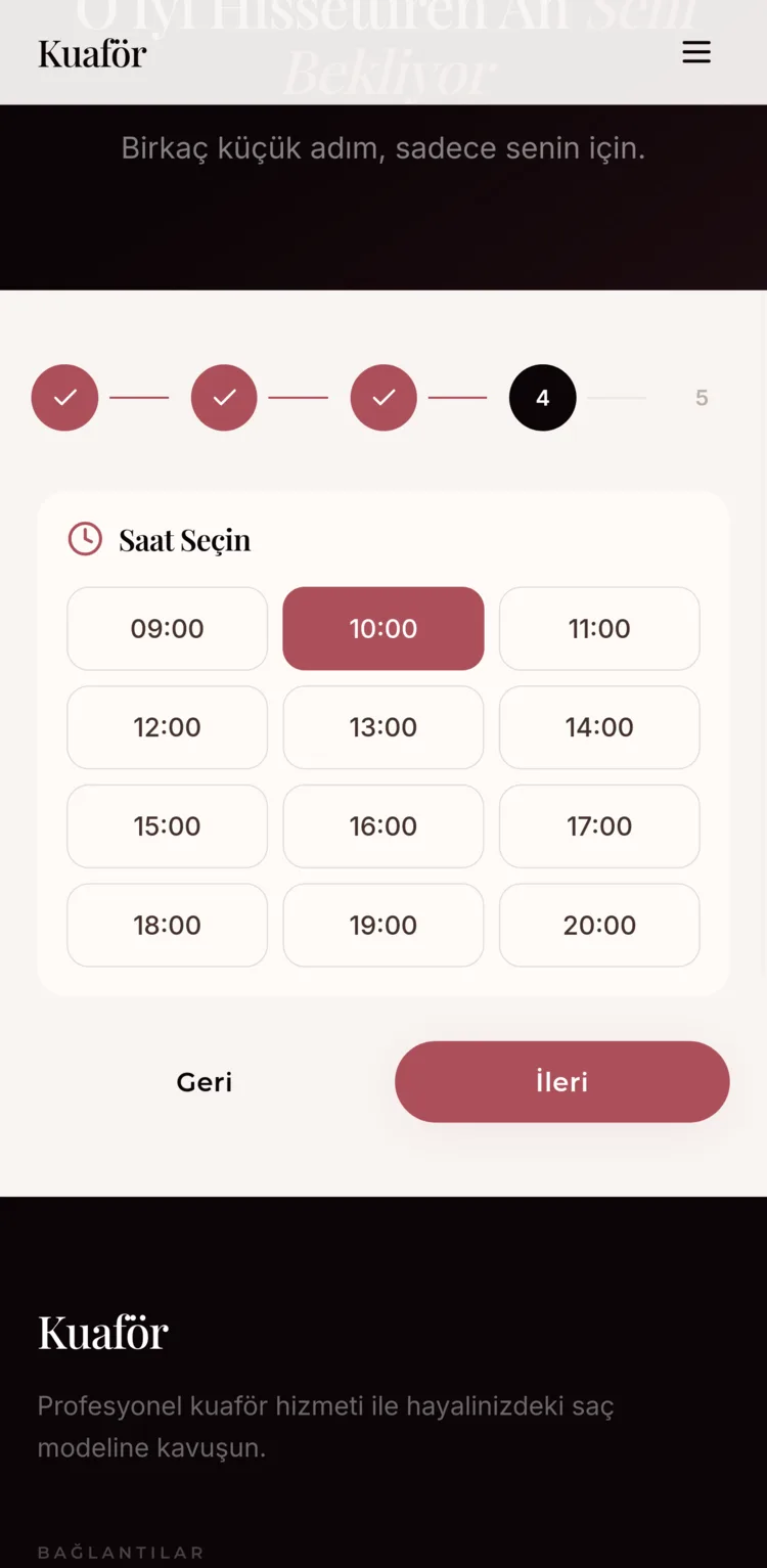 Kuafor booking flow — time slot selection