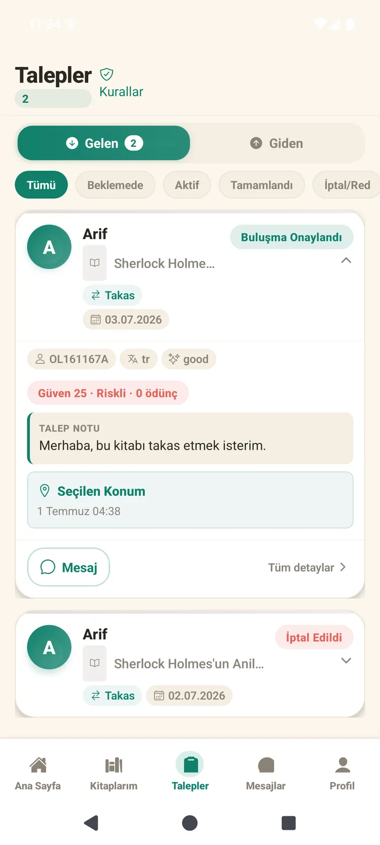 MeetBook — incoming trade requests with trust score